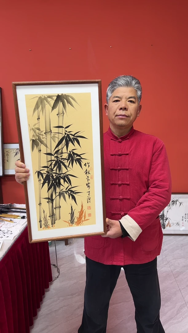 书法张富民手绘作品/竹报平安//古宣（乌檀木外框）35*70cm左右