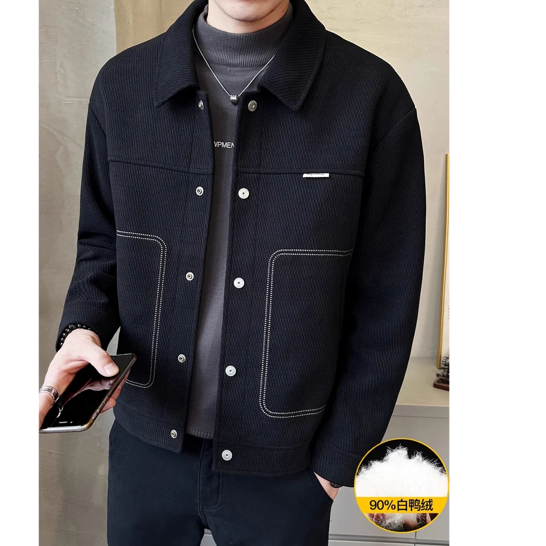 翻领羽绒服男外套2025冬季新款韩版修身百搭毛呢羽绒内胆夹克上衣