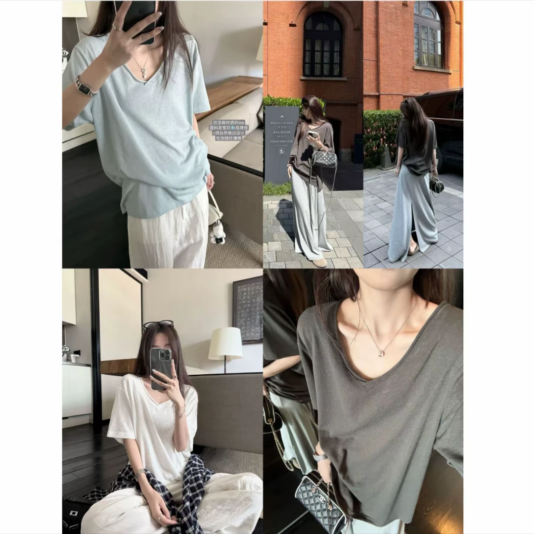 松弛感雪花肌理卷边V领短袖宽松慵懒T恤上衣女