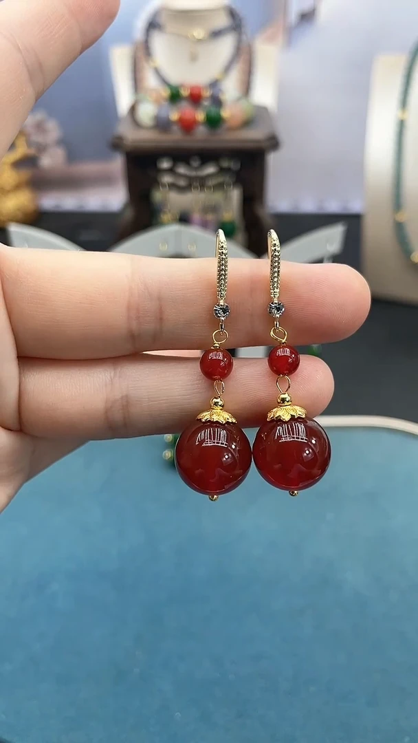 南红玛瑙银S925镶嵌耳饰14mm南红玛瑙双珠