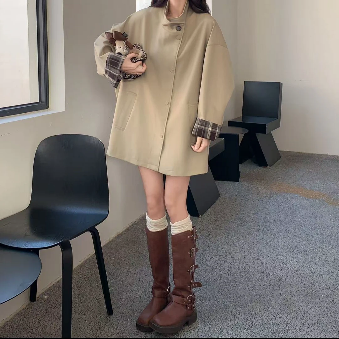 【毛毛专属】 立领廓形撞色格纹风衣