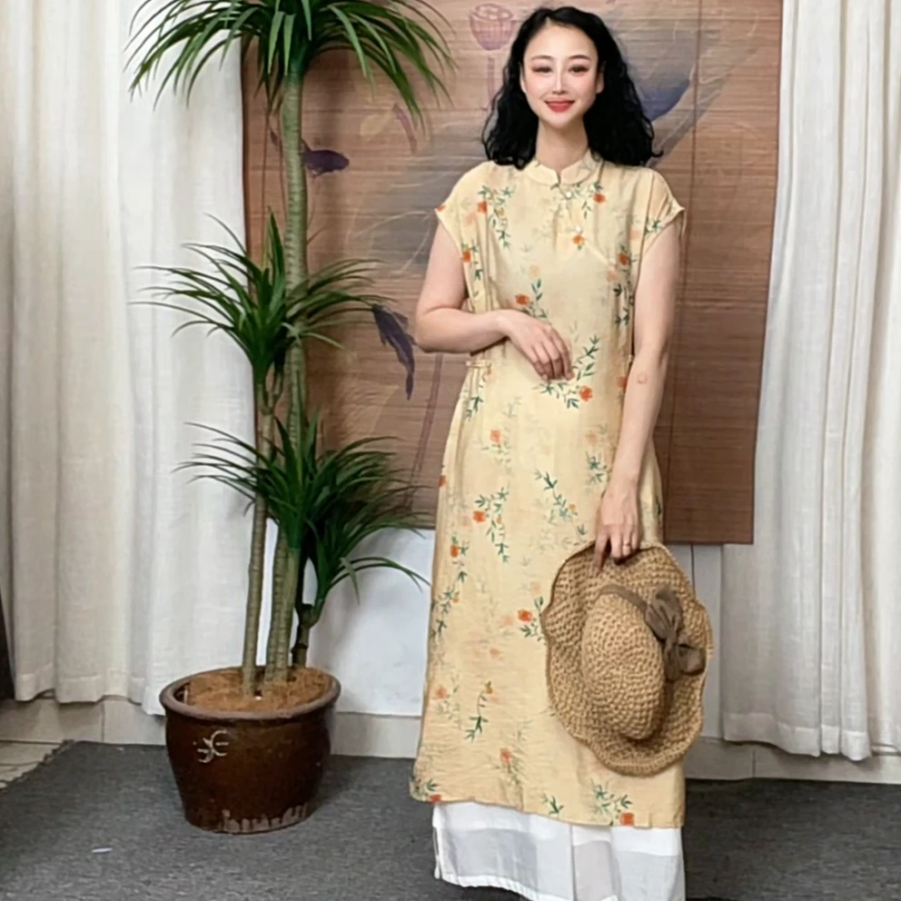 541-4新品正版月亮袖高货显瘦百搭气质文艺风复古棉麻禅意旗袍裙