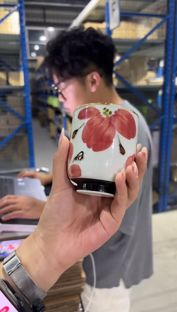 玻璃纸花重ね 湯呑 赤・小