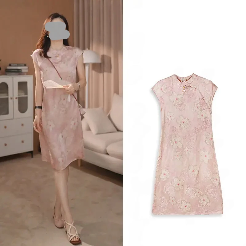 今年超火新中式粉色连衣裙2025夏季气质高级感复古国风改良旗袍裙