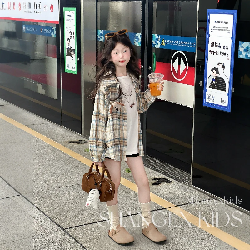 女童超好看外套格子衬衫儿童早秋轻薄秋季2025新款小女孩网红炸街