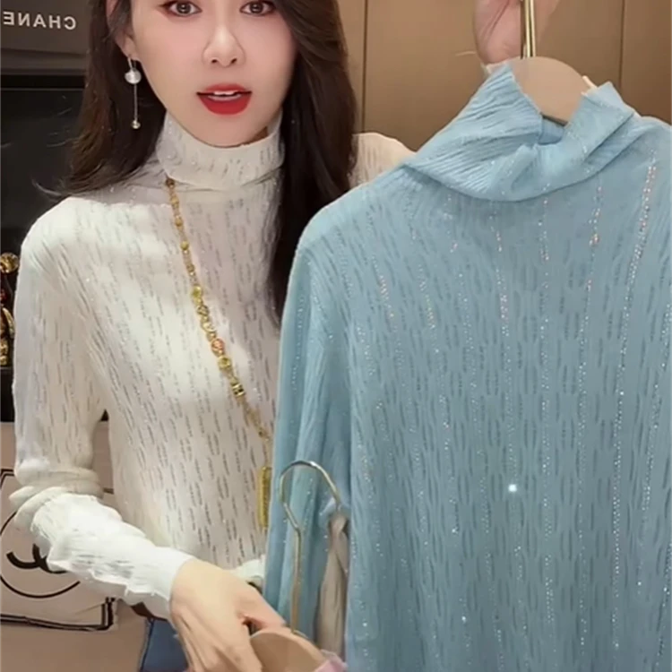 欧货2025秋冬新款时尚高领烫钻针织衫女修身显瘦内搭打底衫上衣潮