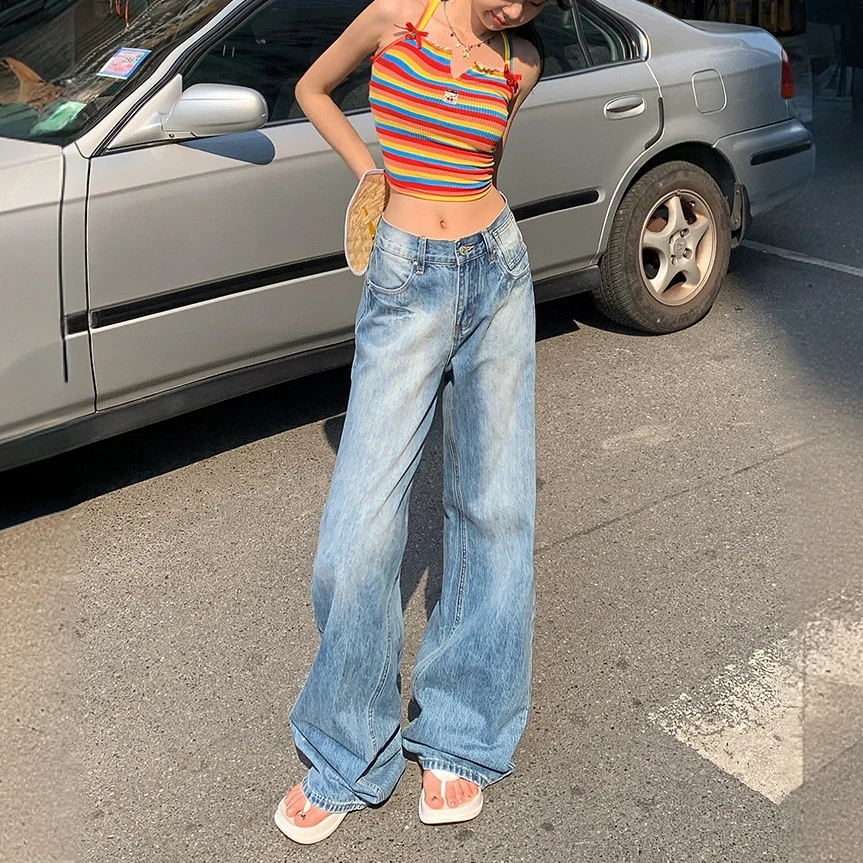 2025春季新款美式复古水洗宽松百搭直筒牛仔裤女百搭垂感阔腿裤子