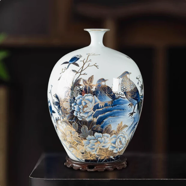 景德镇陶瓷高端手绘描金大号花瓶客厅博古架办公室新中式装饰摆件