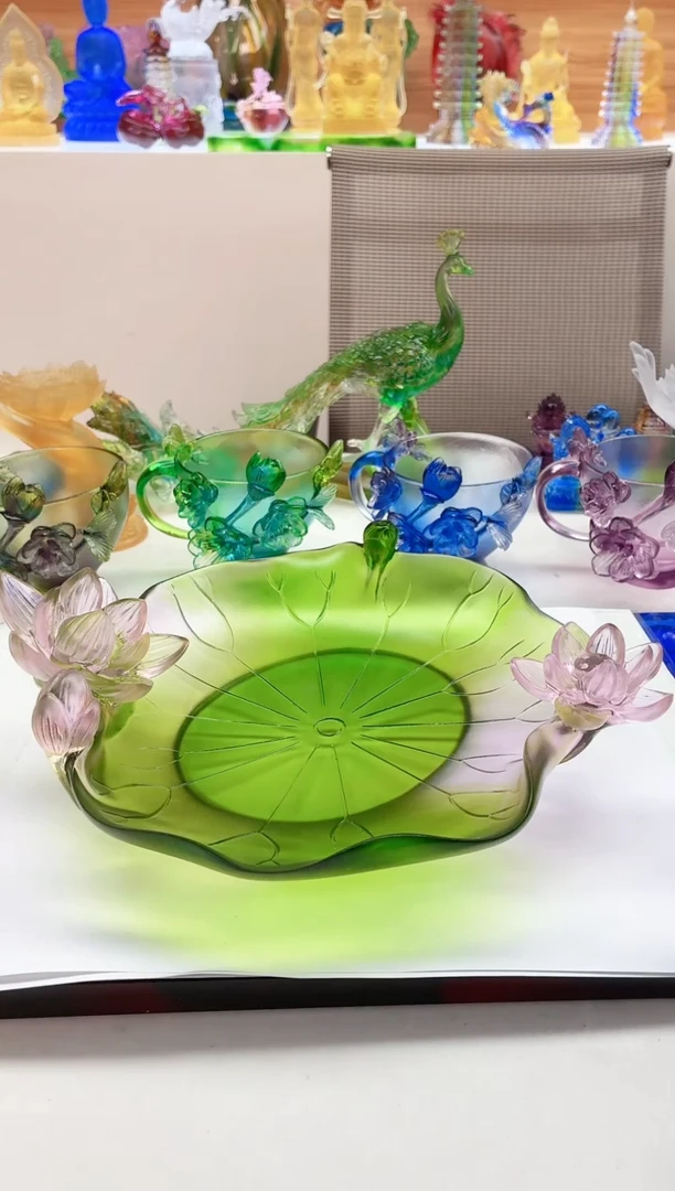 手工艺品琉璃绿色荷花果盘23公分