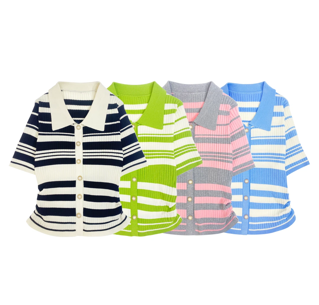 9309夏季新款法式简约撞色条纹翻领短袖针织衫女上衣