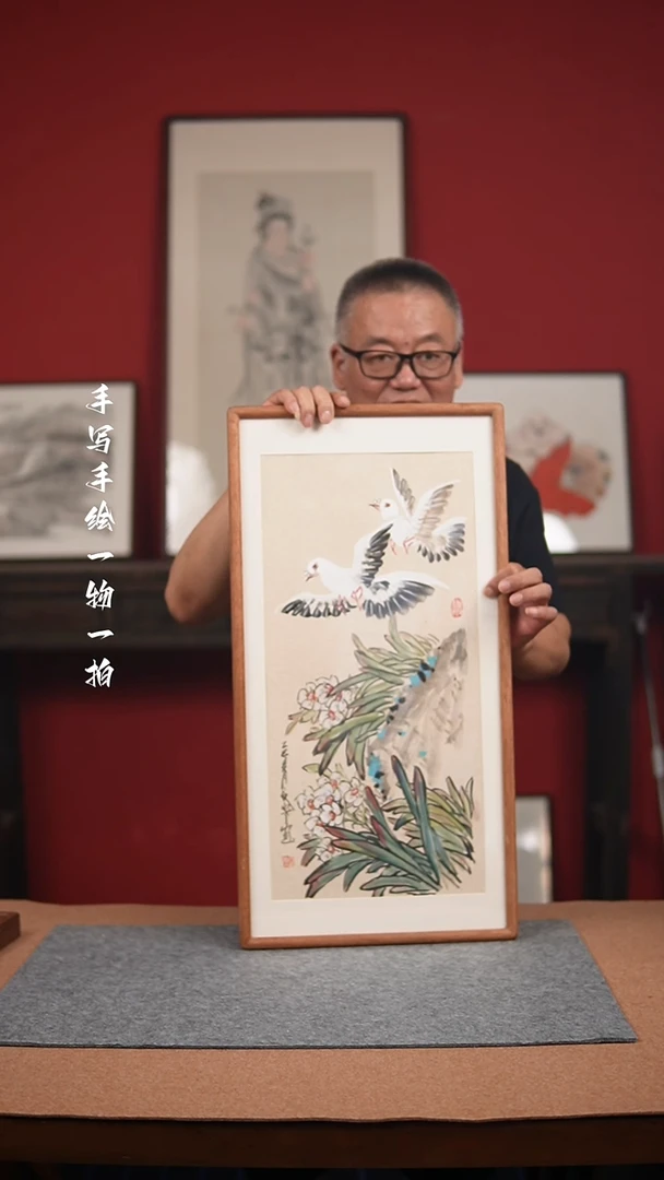 国画手绘-36*69实木框花鸟