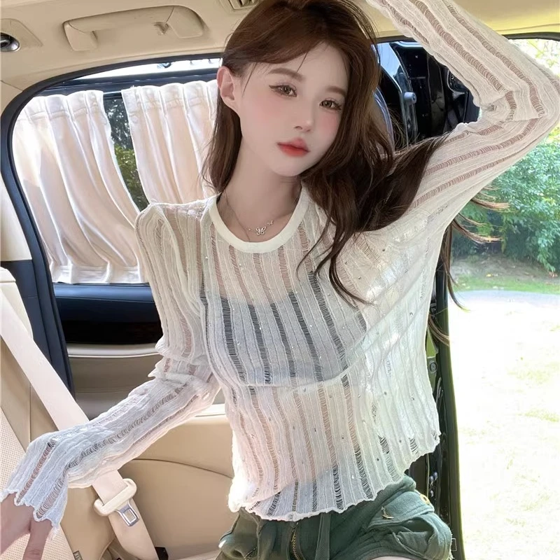 纯欲性感甜美辣妹长袖防晒T恤针织衫女秋冬修身显瘦百搭打底上衣