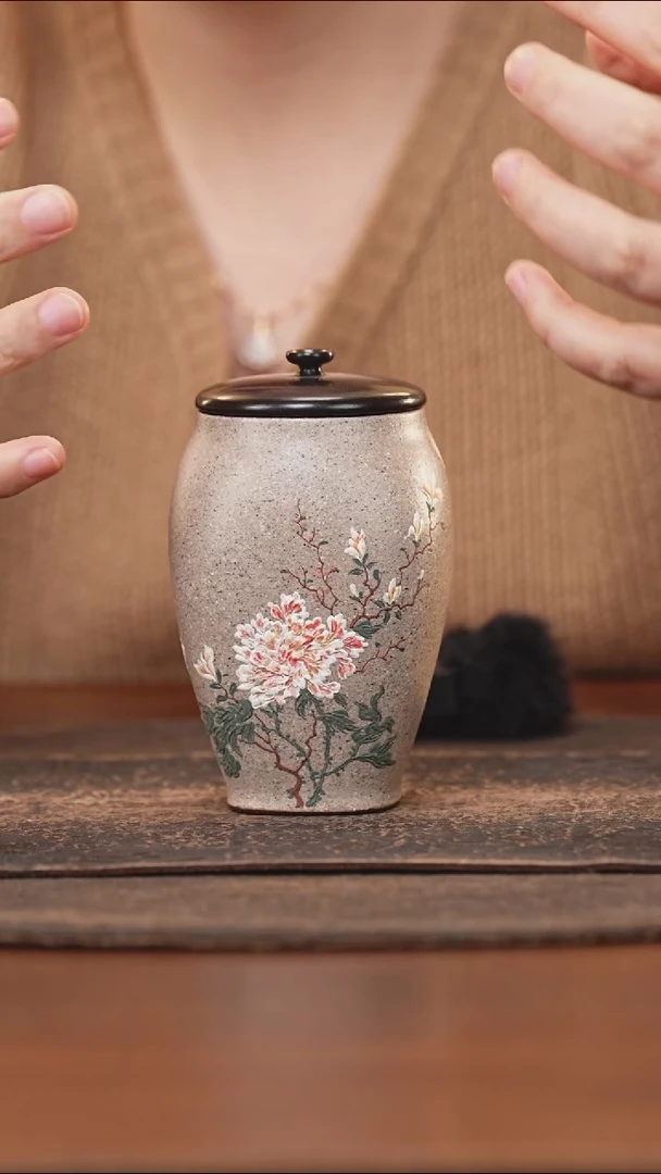 紫砂茶叶罐木盖定窑白泥绘牡丹醒茶罐