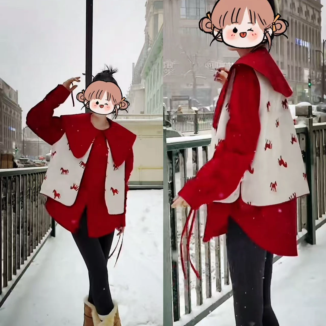 （马到福至）新年小马双面穿红色减龄复古单件马甲