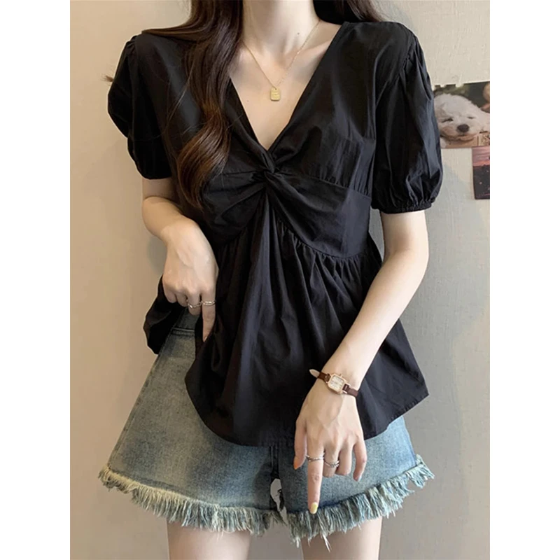 芷蕾大码设计感扭结V领别致泡泡袖衬衫女夏季胖妹妹遮肉短袖上衣