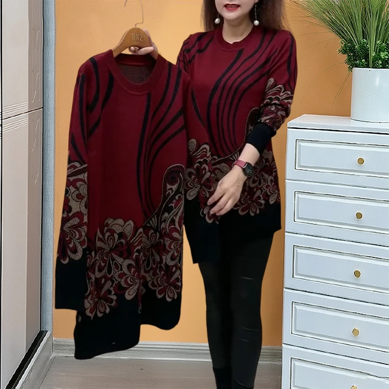 中老年妈妈圆领针织打底衫女款爆款2025新款秋季宽松显瘦薄款毛衣