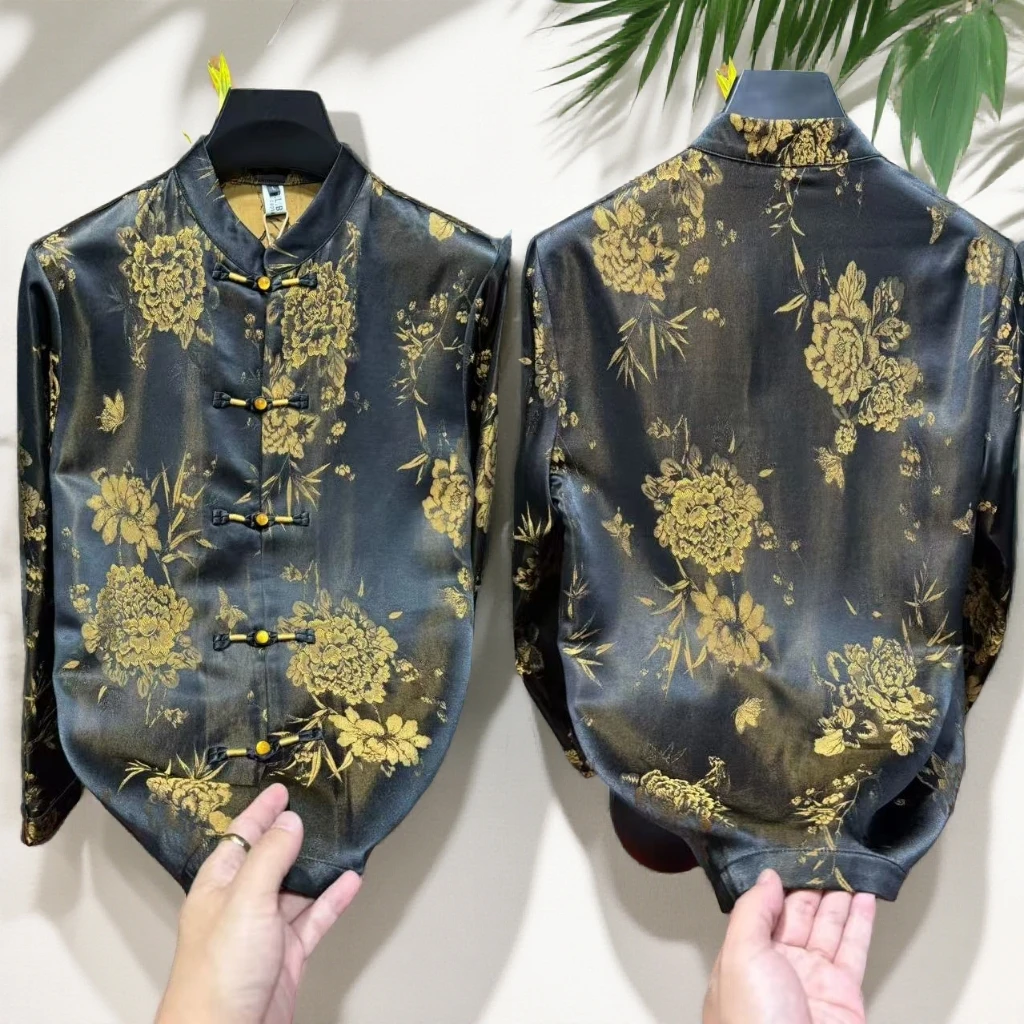 【轻奢8968】男士新款定制面料盘扣立领新中式提花工艺衬衫