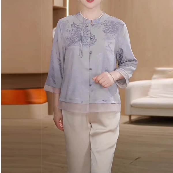 中老年气质妈妈套装上衣阔腿裤气质优雅时尚春夏秋装大码套装薄款