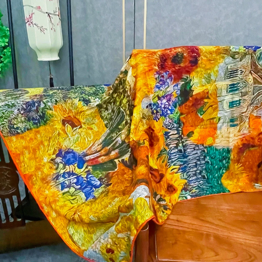 【梵高的向日葵】-储秀140双面丝羊绒大方巾双面印花方巾135*135cm