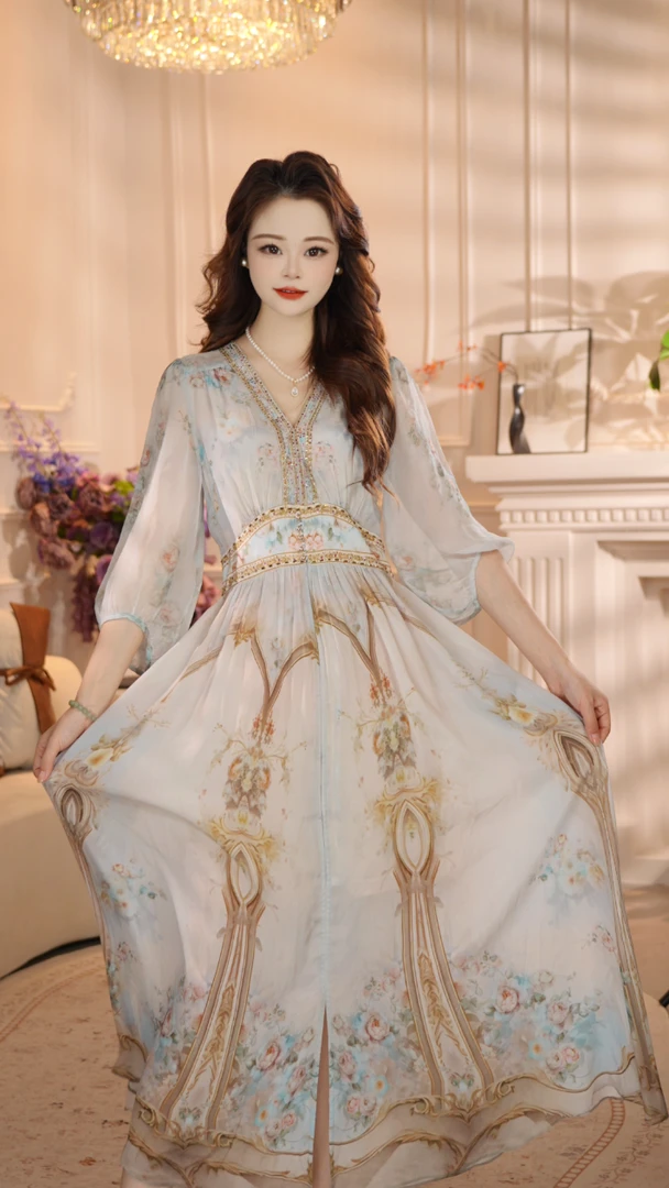 【洛神赋】显瘦大摆裙连衣裙长款中国风复古中袖优优雅连衣裙