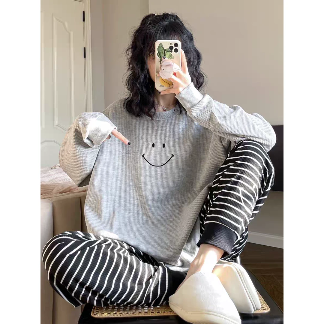 B门店36&9！一套解锁！刺绣笑脸T恤条纹裤家居服 D00014/D00021