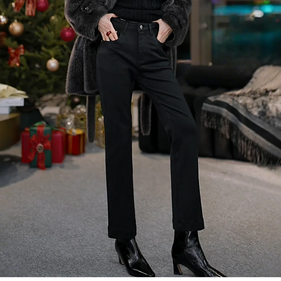 溶溶【瘦腿暖绒小黑裤】RONGRONG 绵羊毛混纺加绒微喇休闲裤9128RR