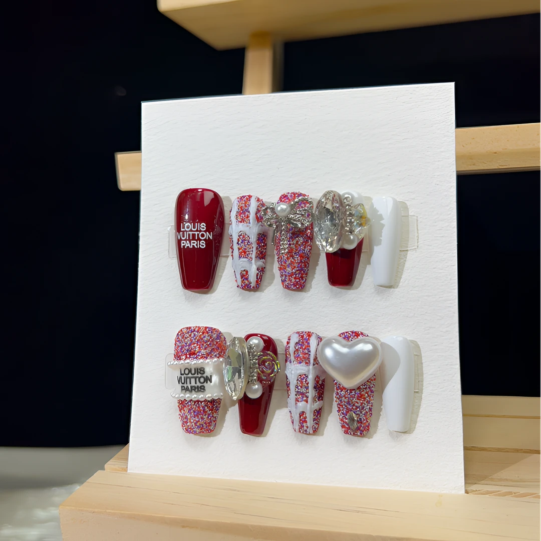 【克拉小香】春季新款小香风穿戴甲高级重工美甲贴片红色彩砂颗粒感