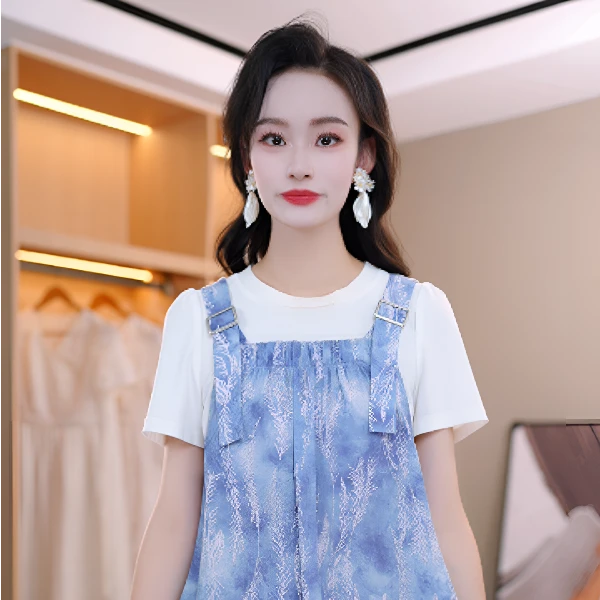 拼接中式夏季高级氛围感2025新时尚减龄洋气百搭短袖假两件连衣裙