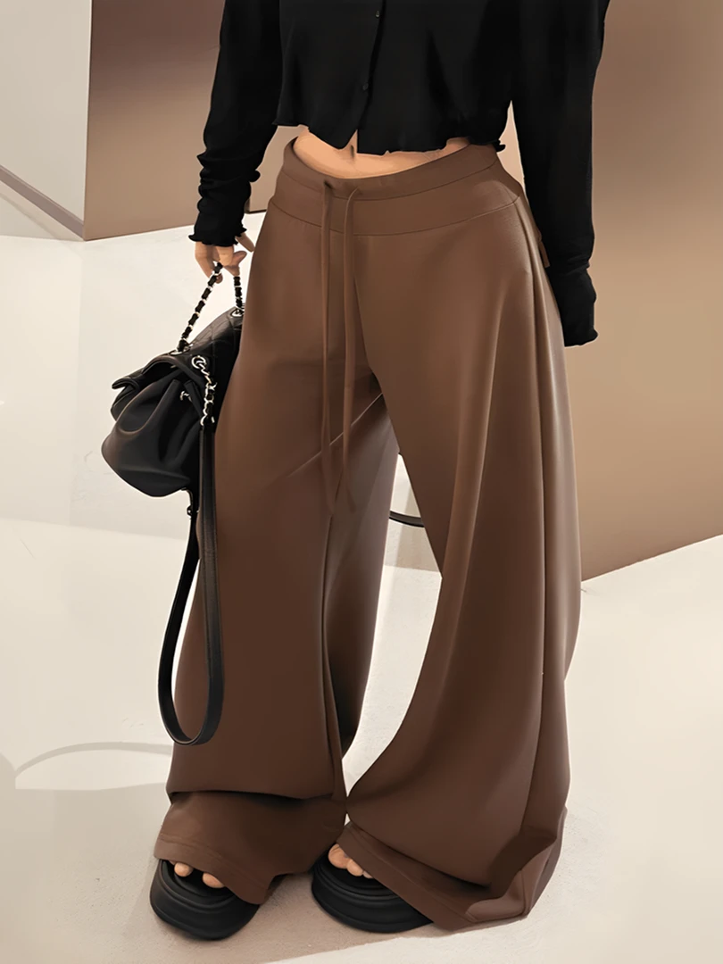 棕色阔腿裤女夏季新款高腰直筒宽松显瘦小个子垂感春秋运动裤卫裤