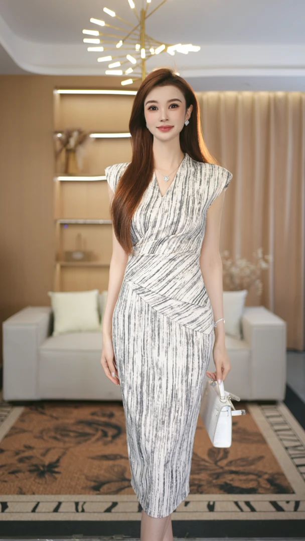罗曼定制 高定浅杏色V领褶皱连衣裙夏季2025新收腰显瘦包臀裙
