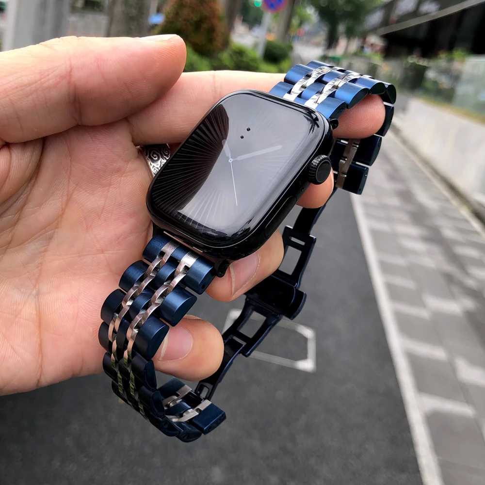 卡客风暴 间色7珠午夜蓝适用苹果iwatch手表表带s10不锈钢987金属