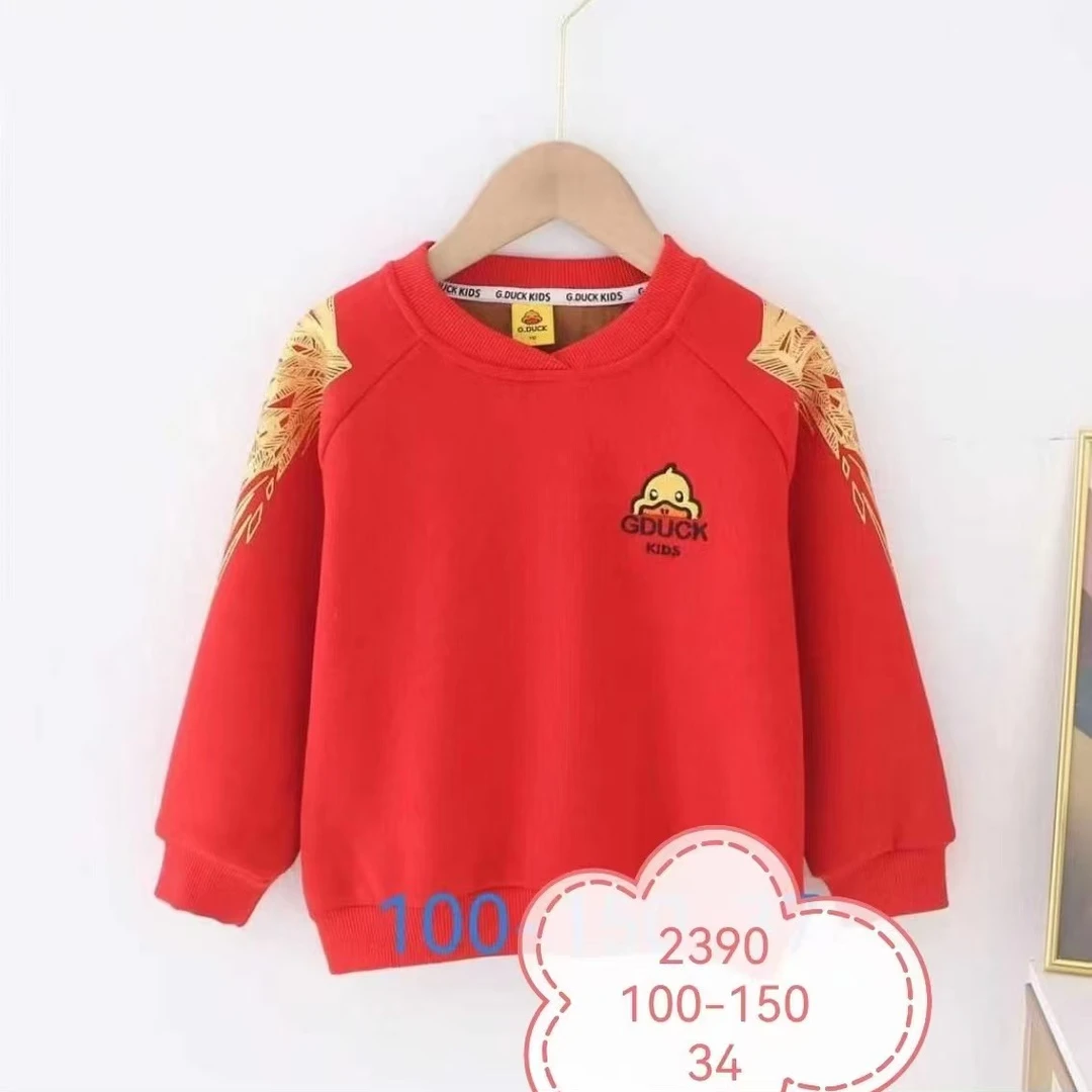 【年款加绒】红色年款加绒烫金刺绣中大童卫衣加绒新款