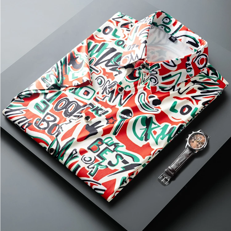 萨尔布勒斯夏季薄款个性印花衬衫男士修身时尚抗皱休闲短袖上衣