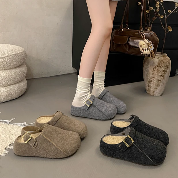 厚底加绒勃肯鞋女2025秋冬新款一脚蹬晚晚鞋包头半拖鞋女外穿百搭