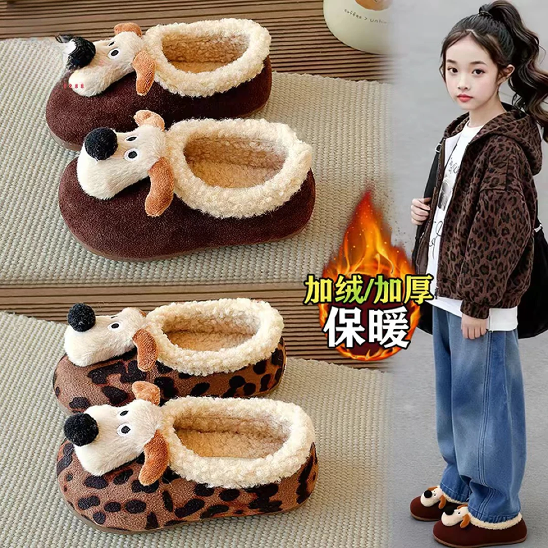 儿童2025冬季新款软底防滑毛毛鞋皮面加绒可爱狗狗男女童勃肯644