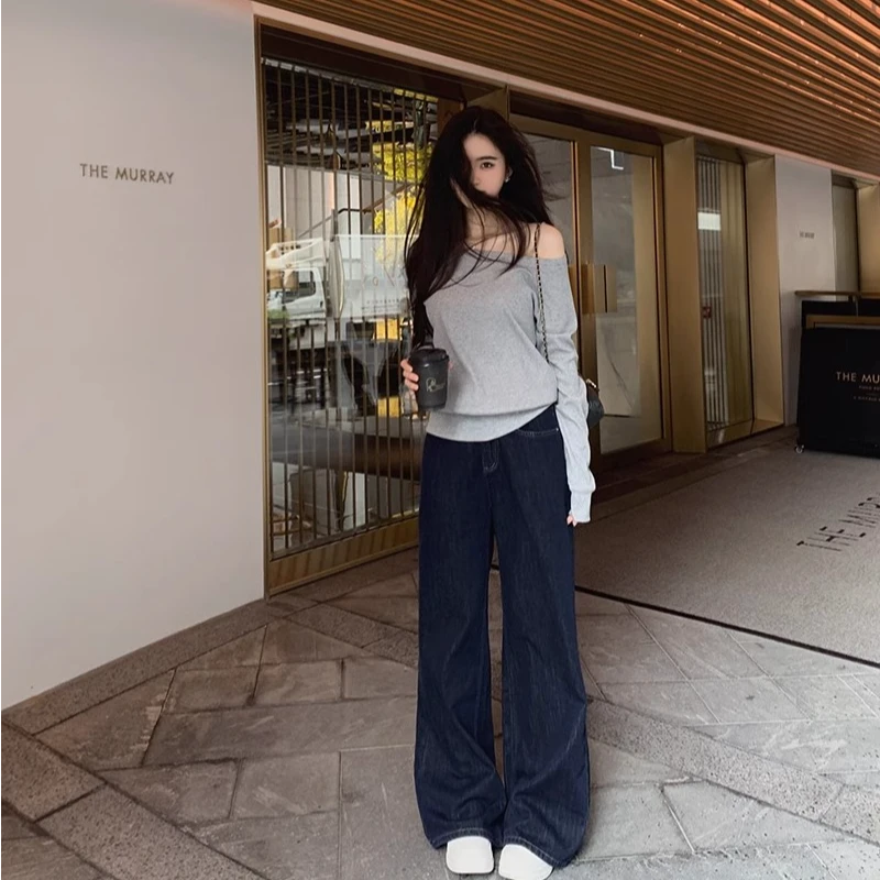 女士新款夏季百搭高腰宽松垂感长裤深蓝色阔腿牛仔裤女慵懒风裤子