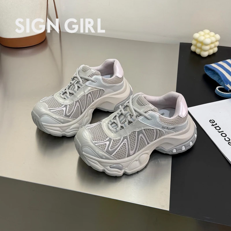 高版尖货~真皮网布百搭厚底老爹鞋女2025新款轻便丑萌运动休闲鞋