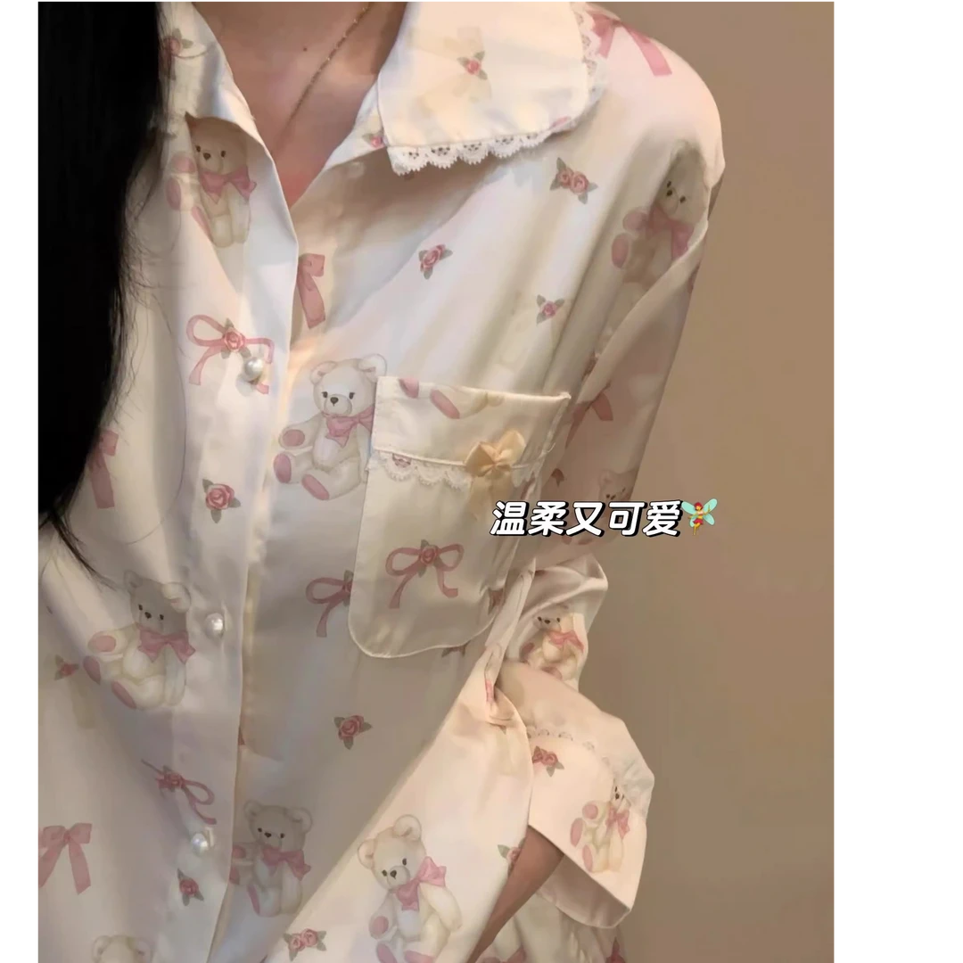 少女甜美小熊蝴蝶结冰丝睡衣女2025春秋新款休闲可外穿家居服套装