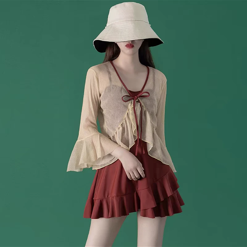 奥思鸟高品质新款高级感微胖遮肚显瘦罩衫温泉保守连体泳衣女