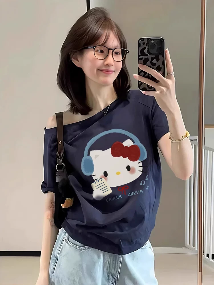纯欧风露肩T显瘦穿搭百搭性感卡通凯蒂猫印花夏季斜肩短袖T恤女