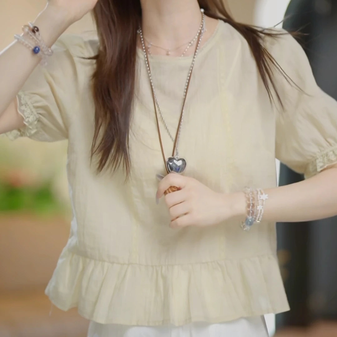 法式圆领蕾丝花边感棉布上衣女2025夏季新款休闲宽松绝美漂亮小衫