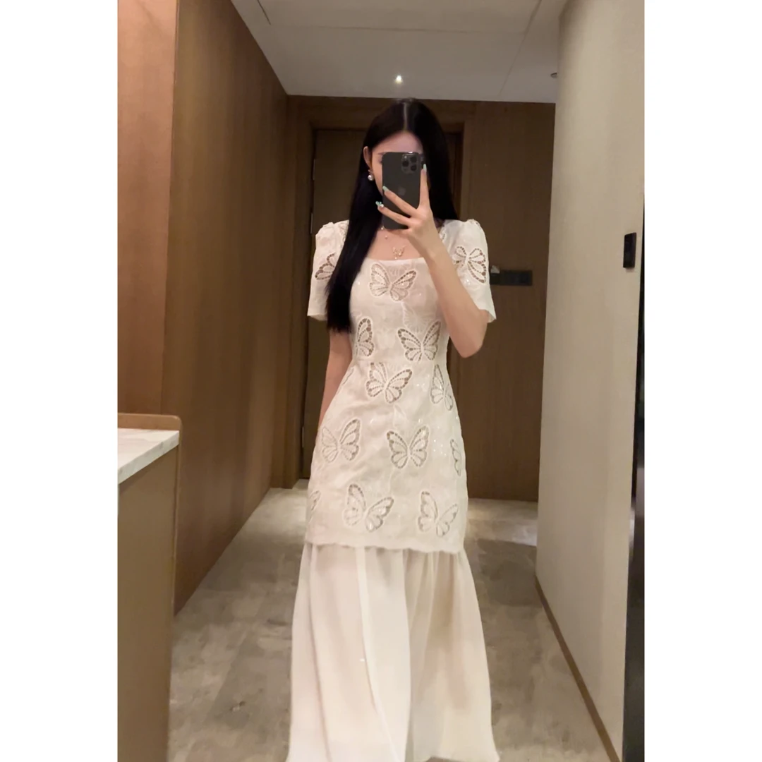 2025夏季新款精致蝴蝶法式轻奢公主超仙U领蕾丝拼接连衣裙B0057