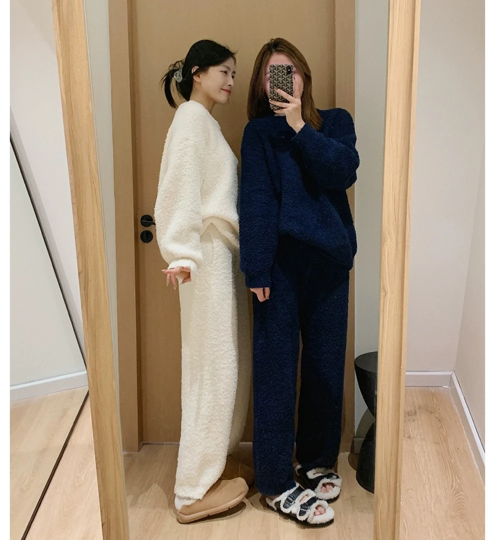 秋冬新款纯色半边绒柔软亲肤睡衣爆款情侣款加厚保暖外穿睡衣套装