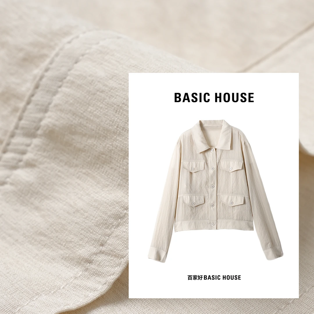 Basic House/百家好2025新款翻领多口袋复古休闲宽松外套7852 XY