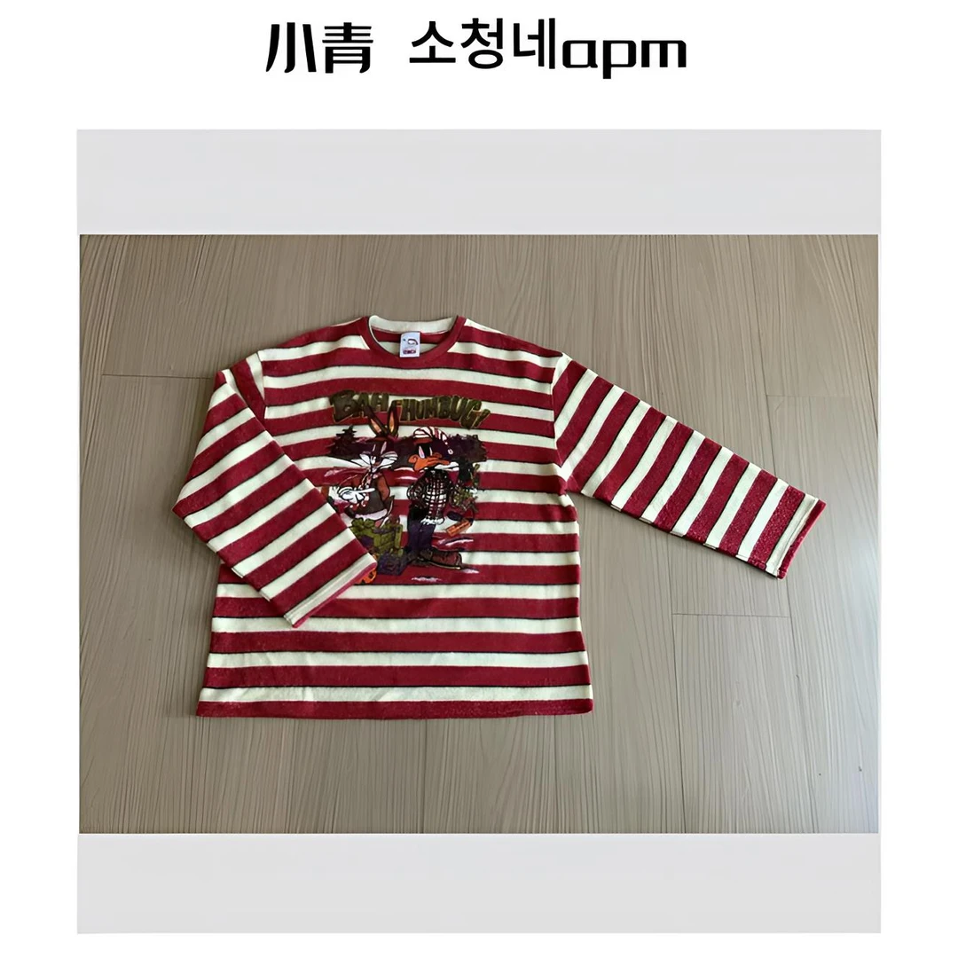 韩国东大门 公鸡/ 圣诞色彩兔鸭好朋友绒绒条纹T恤