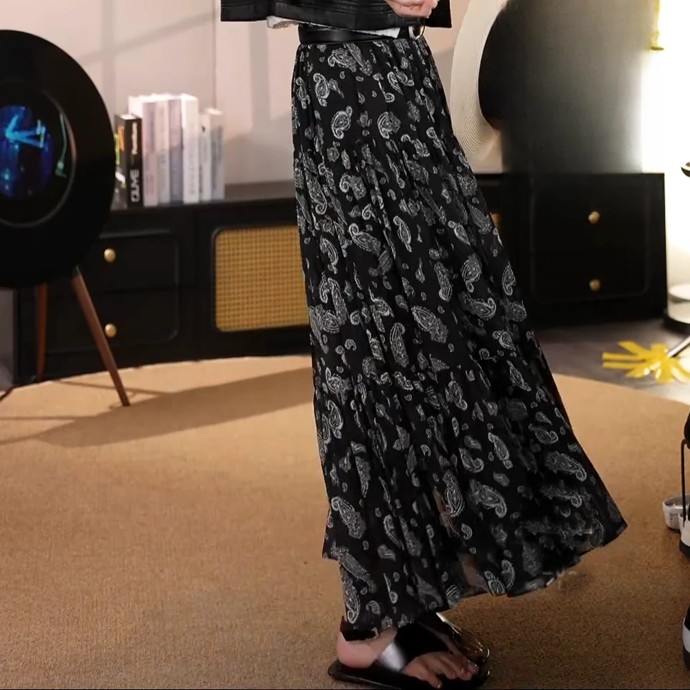 法式女装佩斯里花纹雪纺设计碎花半身百褶裙女裙子2025春夏