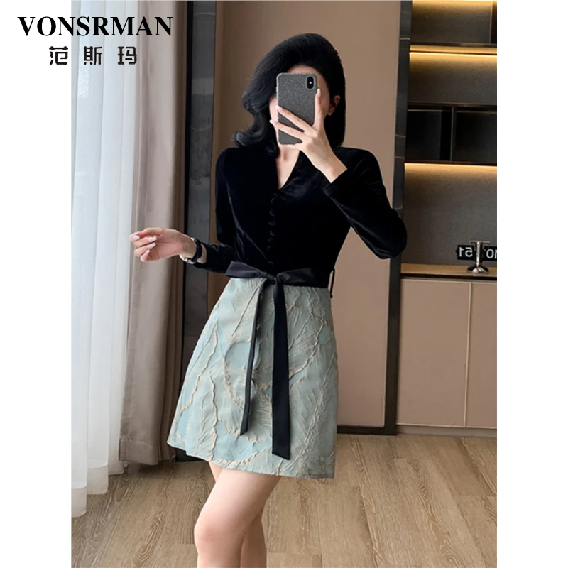 VONSRMAN法式拼接连衣裙女2025春季新款高级轻奢收腰显瘦短款裙子