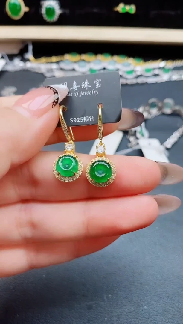 翡翠银S925镶嵌耳饰508500