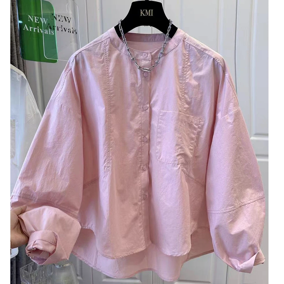 纯棉高级感纯色圆领宽松轻薄落肩袖衬衫女衬衣长袖百搭2025春新款