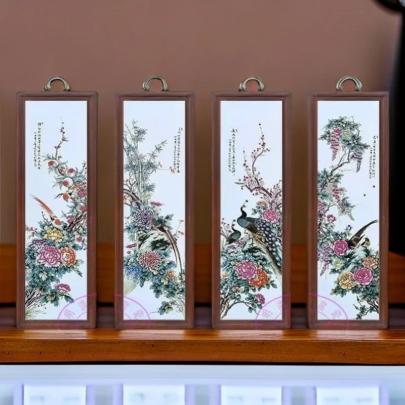 景德镇瓷板画粉彩花鸟富贵安康四联屏实木边框80*28cm